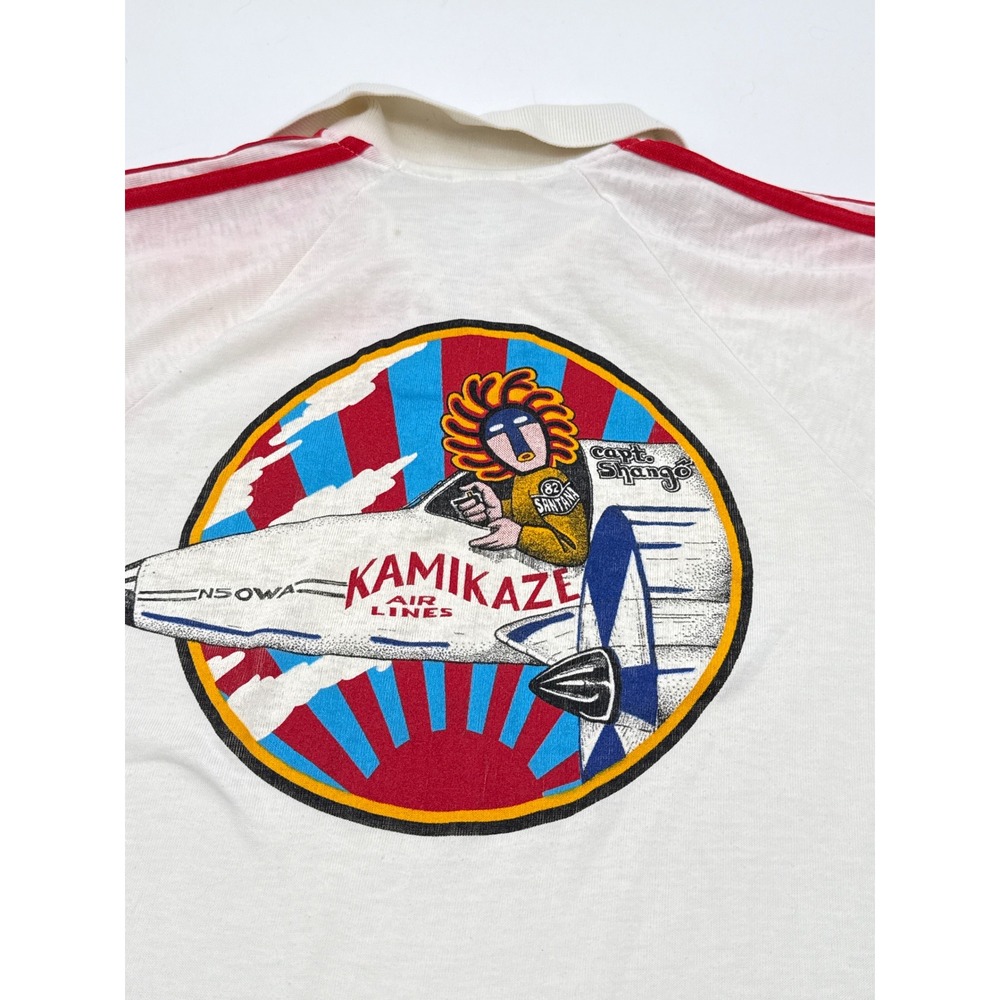 Vintage 80s Print-Ons Kamikaze Air Lines Capt Shango Polo Shirt White Red M